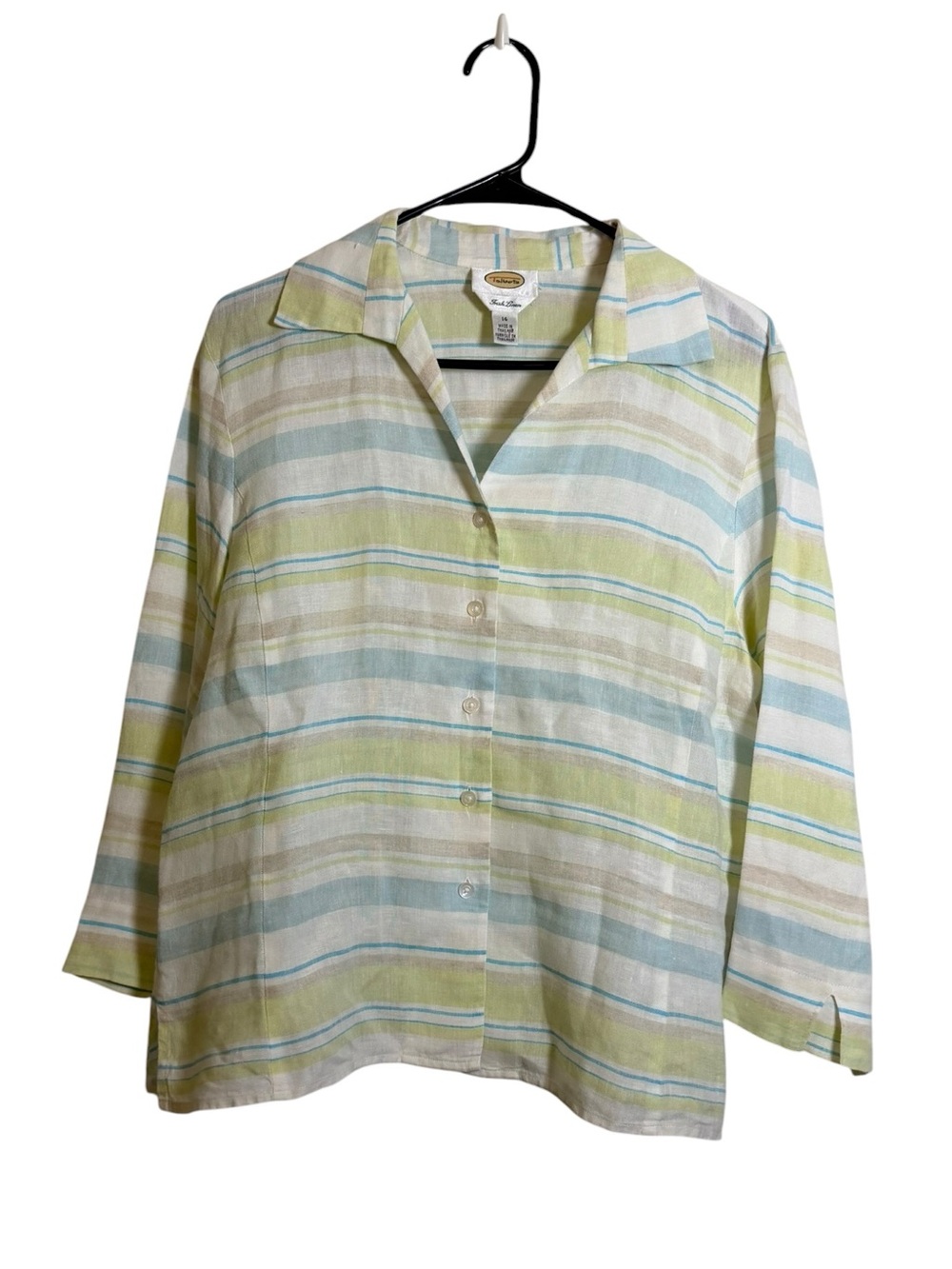 Talbots Irish Linen Pastel Striped Linen Button-Up Sz 14